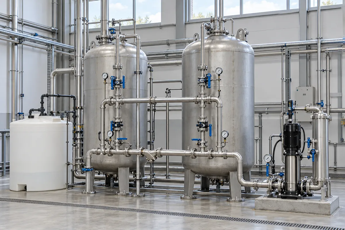 İyon değişim tankları, tuzlu su haznesi ve besleme pompasını gösteren temsili endüstriyel kullanım suyu görseli